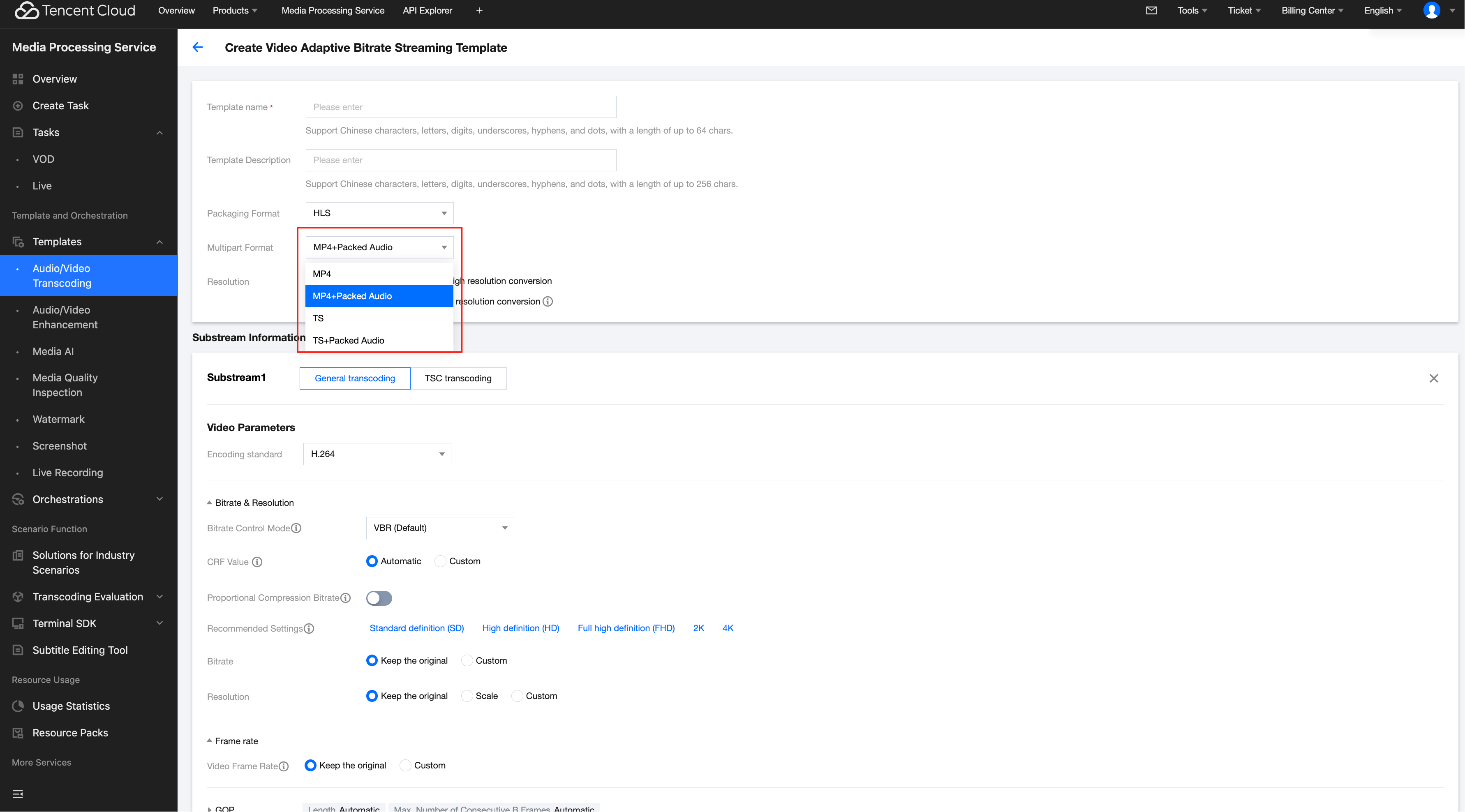 Video Adaptive Bitrate Streaming Template Configuration: