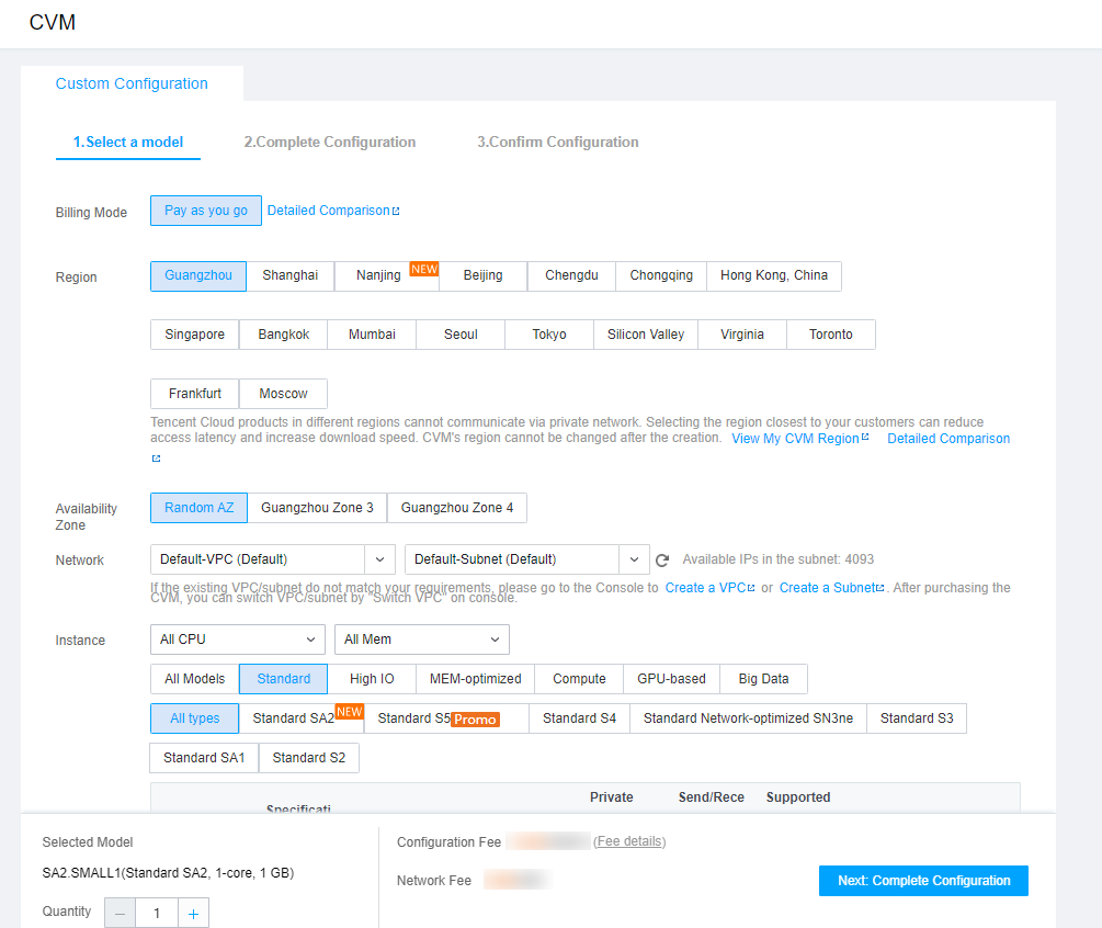 Selecione a região e o modelo