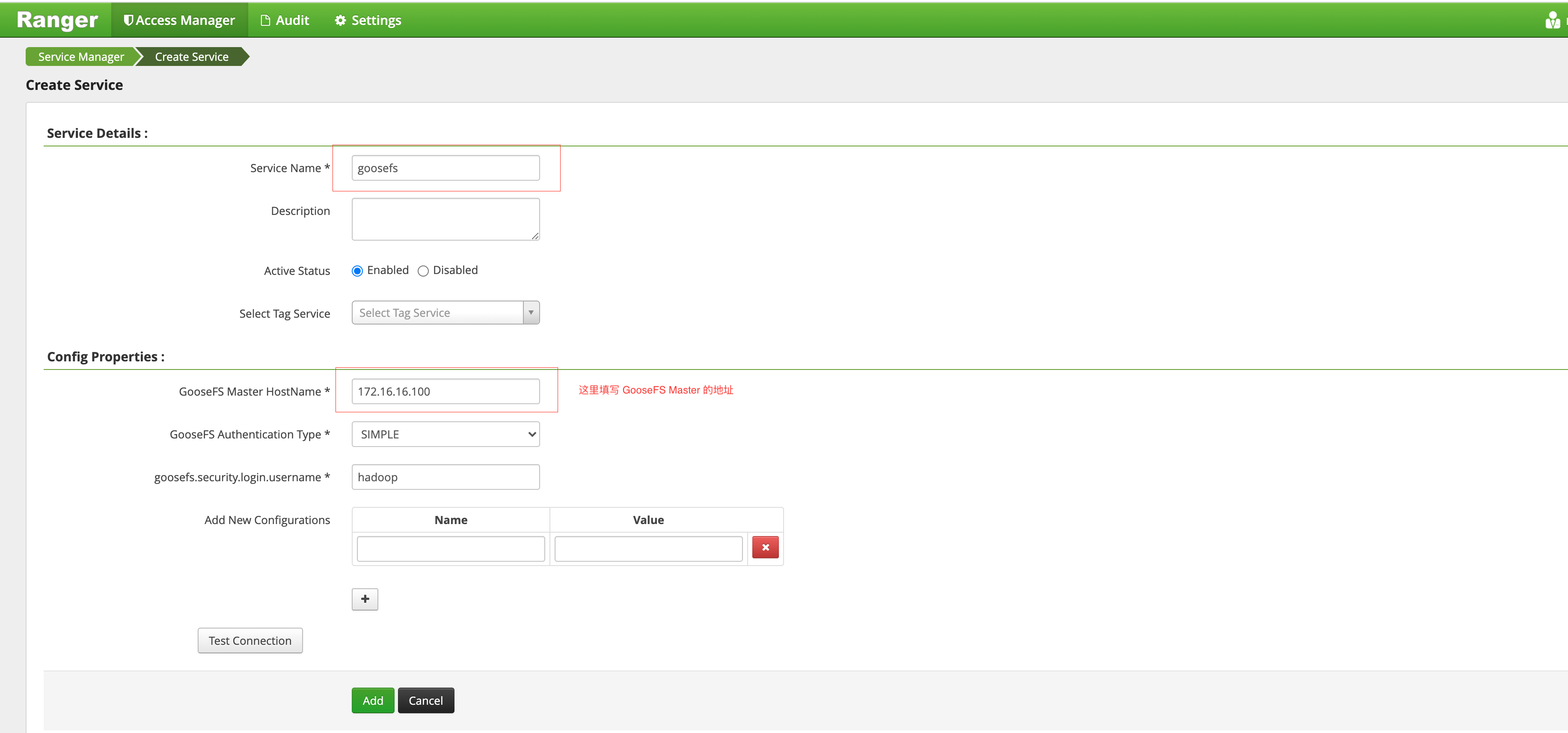 Define the goosefs service instance on the web console of ranger