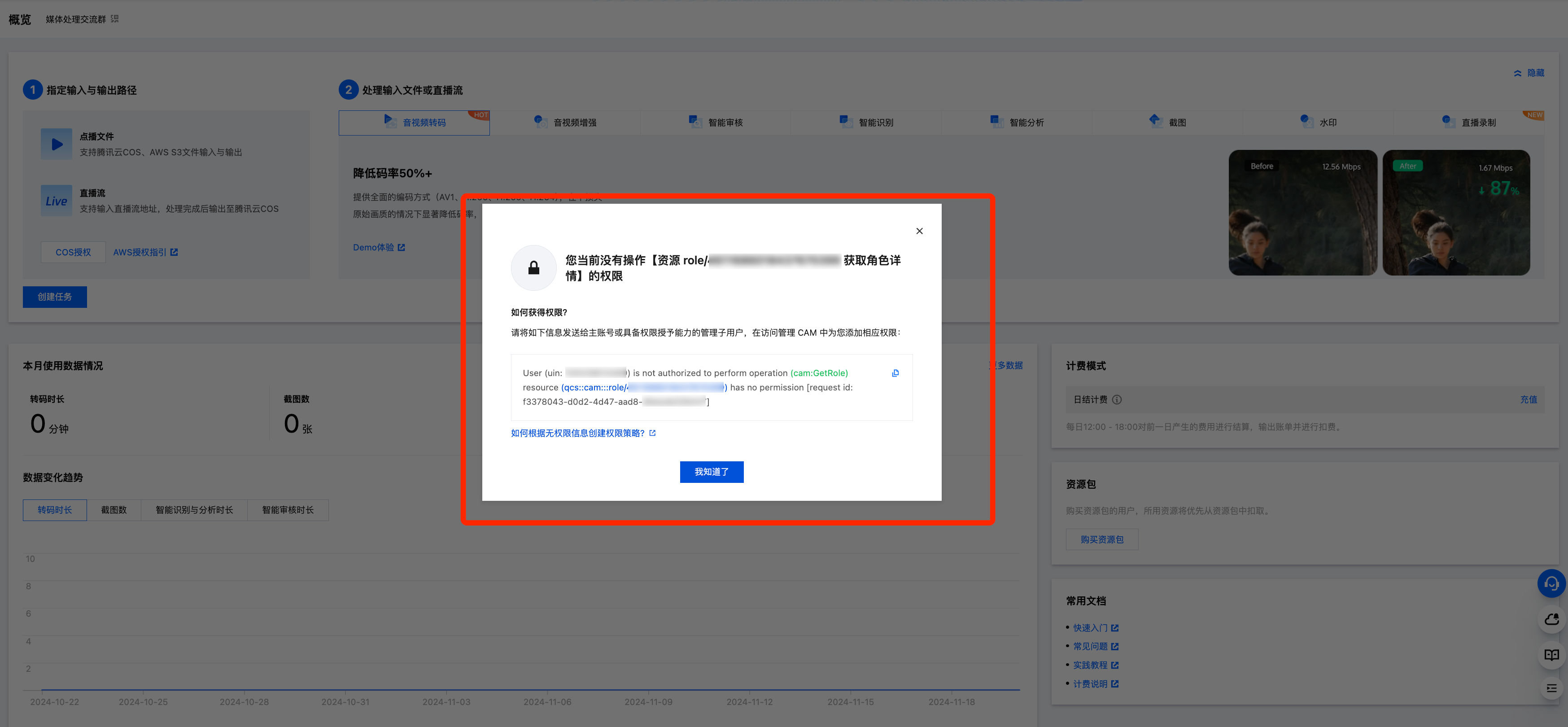 弹窗中提示文案表示该子账户无 cam:GetRole 权限