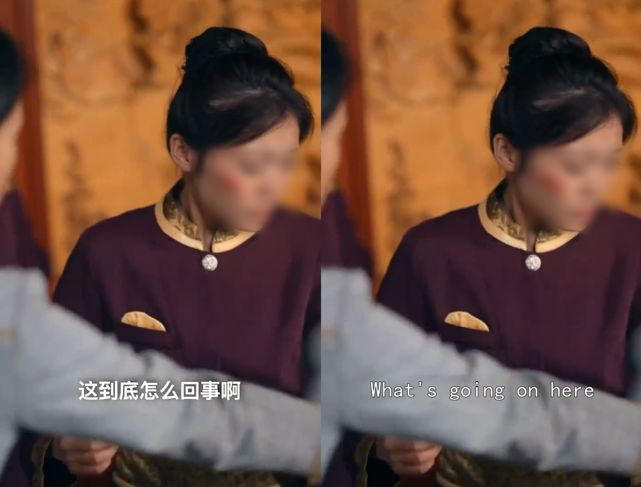 The left figure: Original short video in Chinese. The right figure: Processed output video with English subtitles.