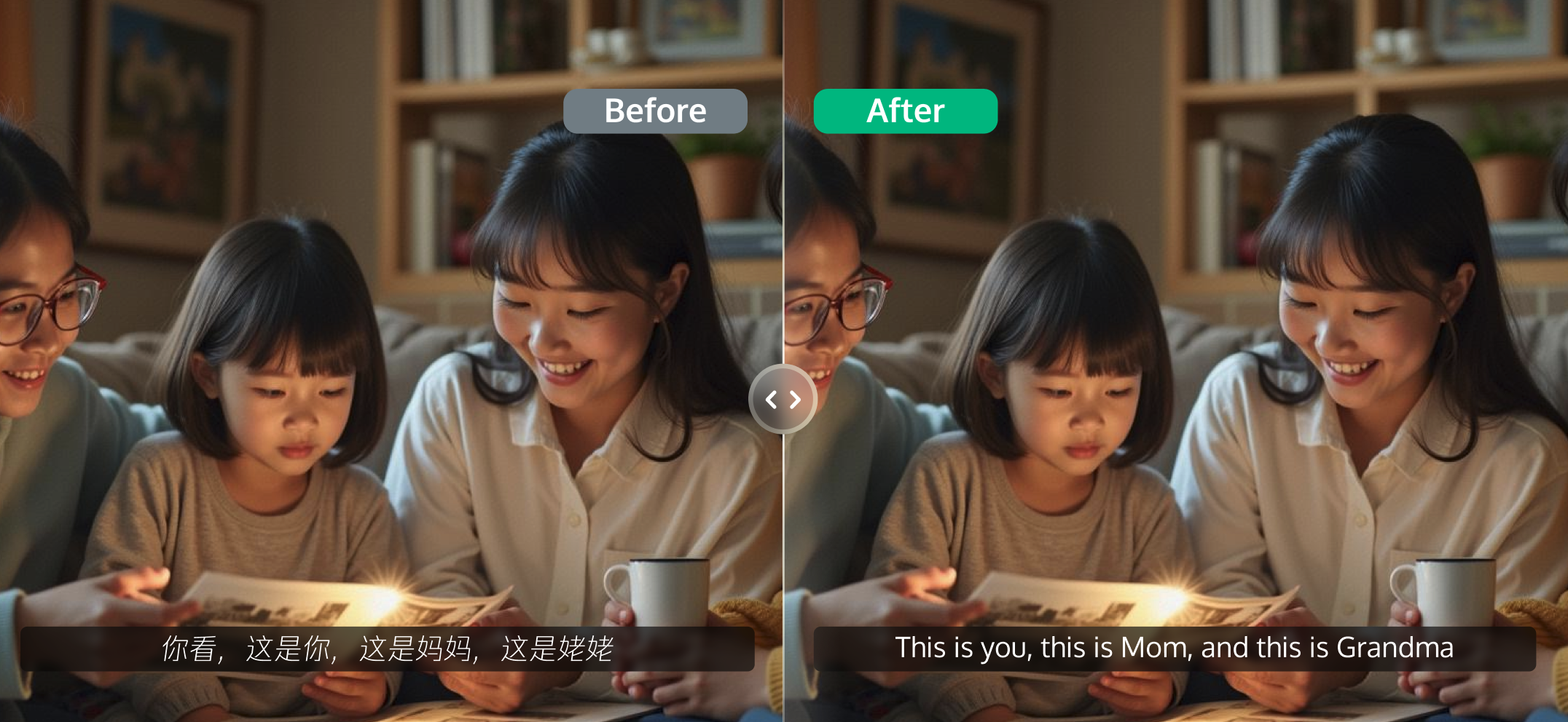 左：原视频中文字幕中文语音；右：处理后生成多语言字幕和语音；注：图片由腾讯元宝 AI 生成