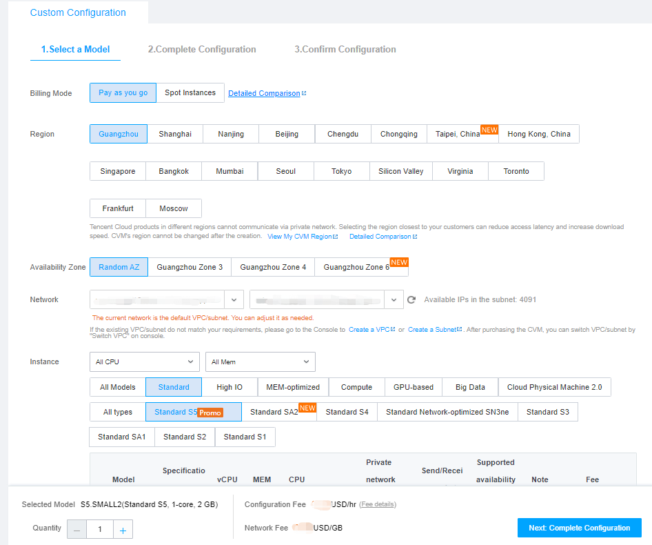 Selecione a região e o modelo