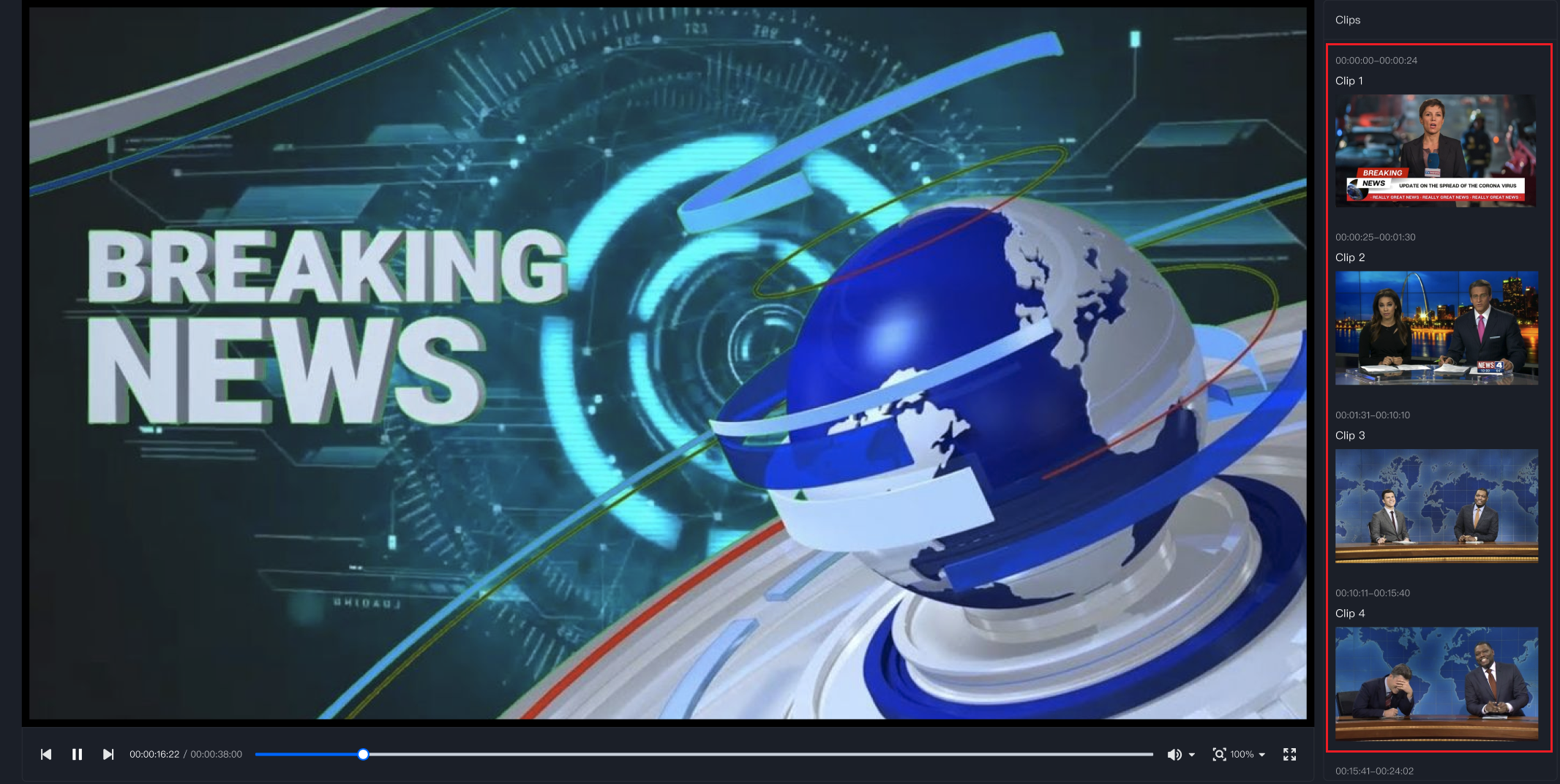 元の動画は約30分。赤枠内が分割の結果で、ニュースイベントが数分間の複数の短尺動画に分割されています。