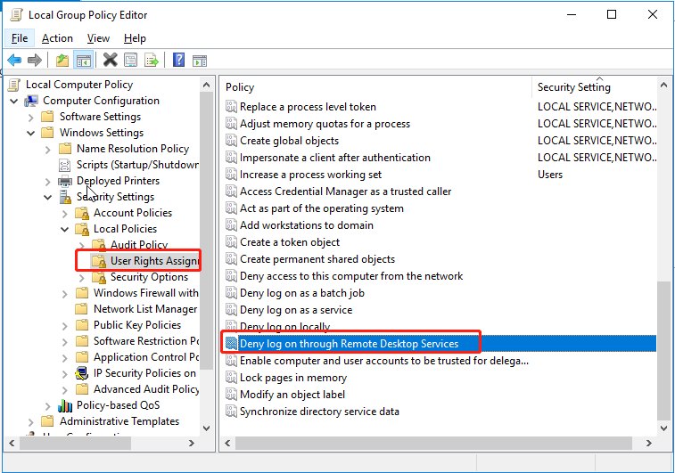 Deny log on through Remote Desktop Services