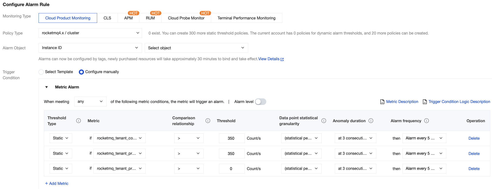 TPS alarm configuration