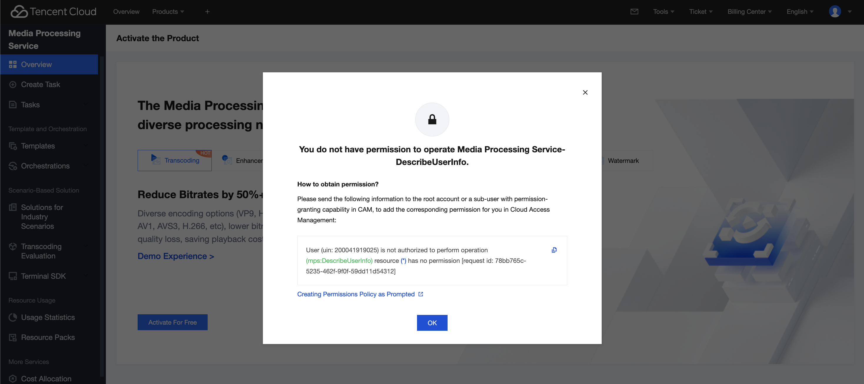 The message in the pop-up window indicates that the sub-account does not have permission for the "DescribeUserInfo" API of MPS.