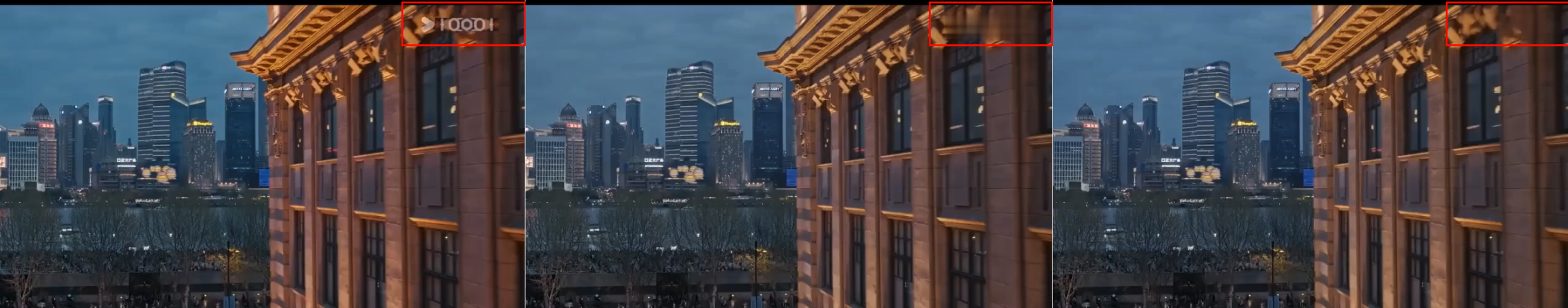 Left: original video. The red box shows the logo position. Middle: Basic Edition processing effect. Right: Advanced Edition processing effect.