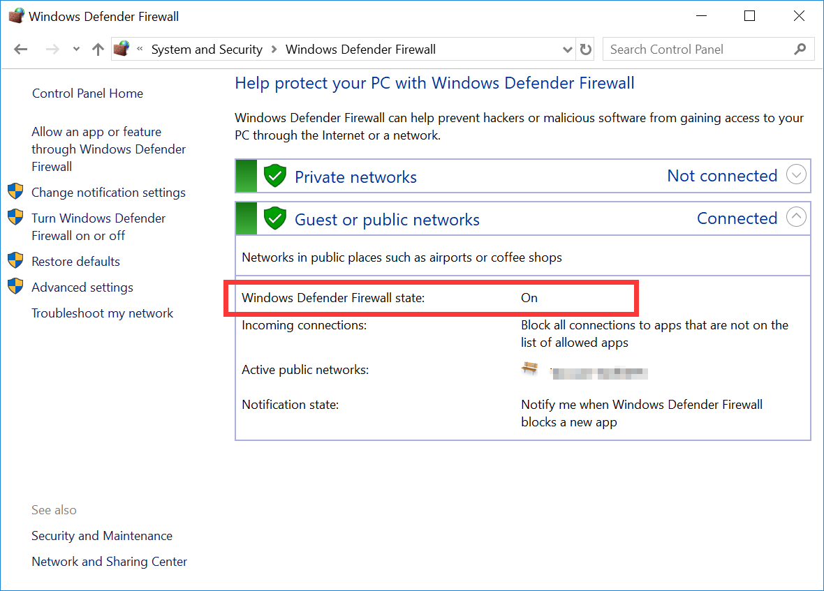 Status Windows Defender Firewall