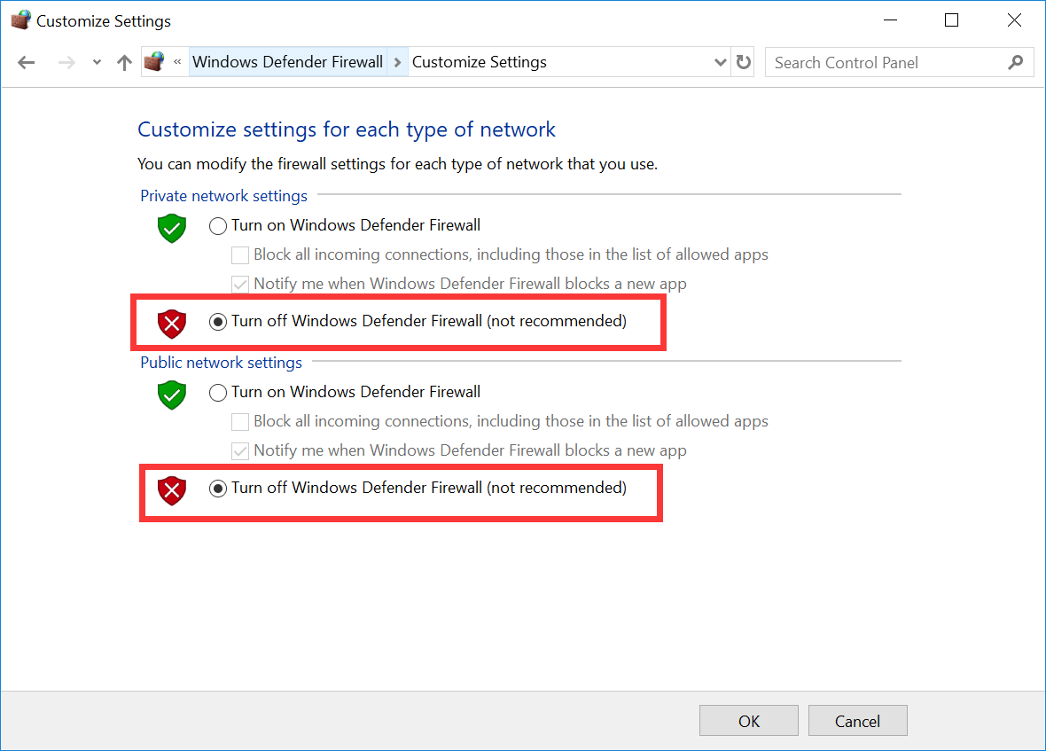 Turning off Windows Defender Firewall